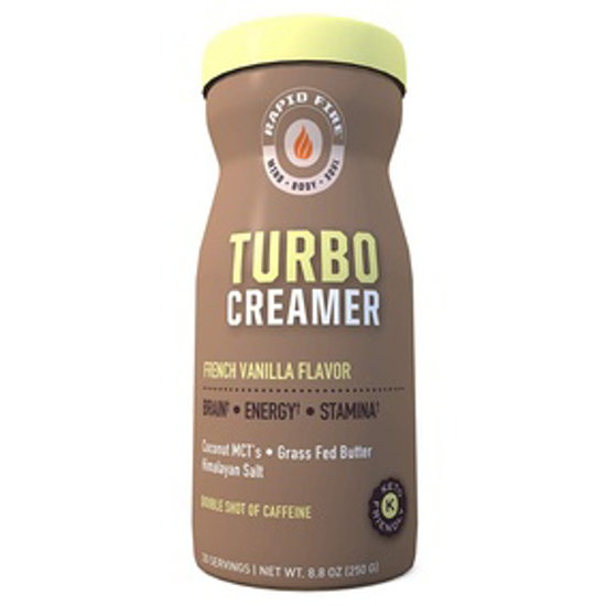 Picture of RAPID FIRE TURBO CREAMER, FRENCH VANILLA FLAVOR WITH SHOT OF CAFFEINE, COCONUT MCTS, GRASS FED BUTTER, HIMALAYAN PINK SALT, 8.5 OZ., 20 SERVINGS